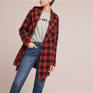Anthropologie Field Flower Buffalo Plaid Wool Coatigan | XS | Red Black Hooded